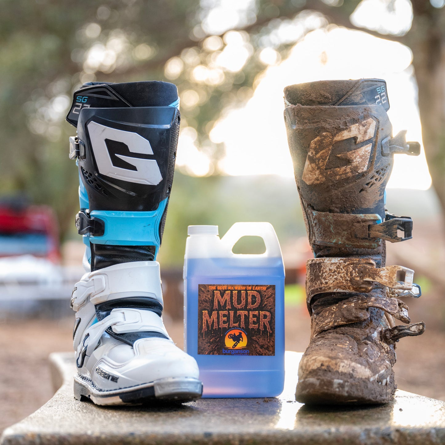 Motocross boot before and after Mud Melter mud remover